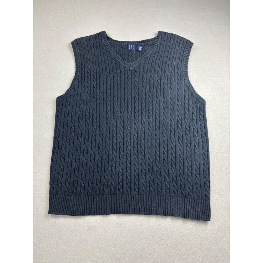 Vintage GAP Cable Knit Sweater Vest Womens Large 100% Cotton Navy Blue V-Neck